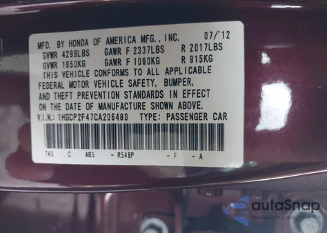 2012 Honda Accord 2.4 Lx-P из США, поврежденный, VIN 1HGCP2F47CA206480